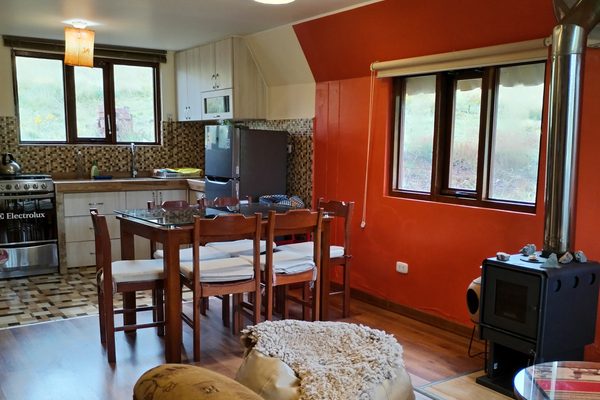 Sala de estar de la cabaña con chimenea a leña